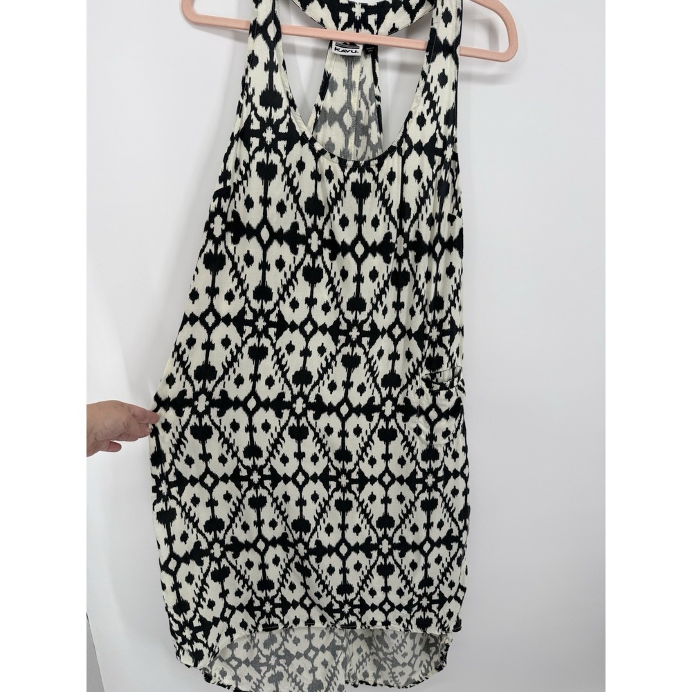 KAVU Jocelyn Ikat Dress M Black Ivory Racerback High Low Midi Tank Pocket Beach - Picture 3 of 10